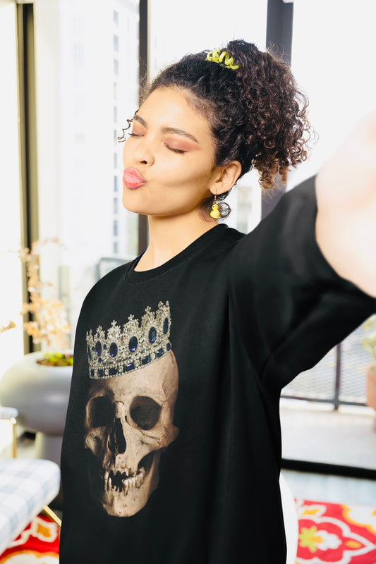 Realistic Human Skull Image Black Sweatshirt, Gothic Unisex Jumper, Halloween Crewneck, Dark Grunge Graphic Pullover, Day of the Dead Top