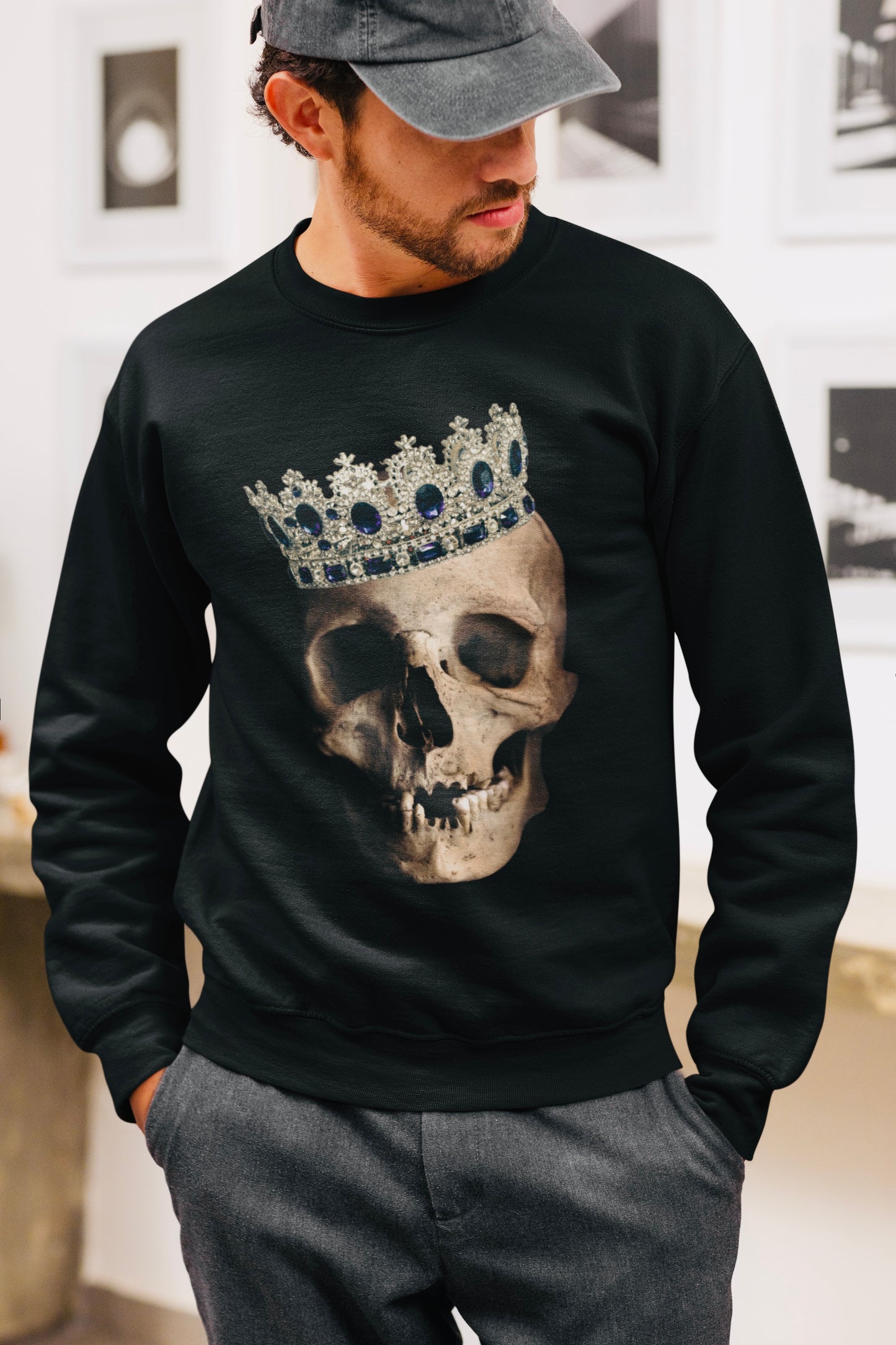 Realistic Human Skull Image Black Sweatshirt, Gothic Unisex Jumper, Halloween Crewneck, Dark Grunge Graphic Pullover, Day of the Dead Top