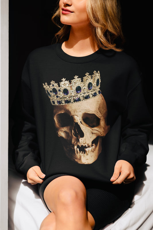 Realistic Human Skull Image Black Sweatshirt, Gothic Unisex Jumper, Halloween Crewneck, Dark Grunge Graphic Pullover, Day of the Dead Top